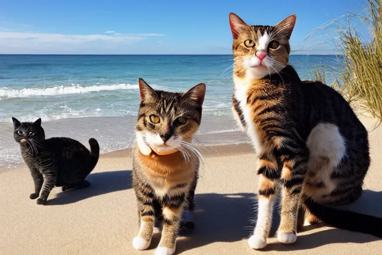 Image similar to cats at the beach and all of the cats are looking directly into the focal point of the camera