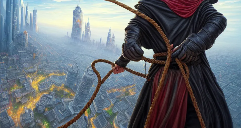 Image similar to landscape painting of a hooded thief in leathers using a rope to climb a tall building with a fantasy city, fine details, magali villeneuve, artgerm, rutkowski