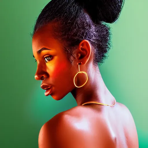 Prompt: intricate beautiful portrait of a cute thin young black woman, hair in a ponytail, very detailed emerald green eyes, red blush, casual clothes, relaxing on the couch, home interior, golden hour, close up shot, 8 k, hyperreal art by irakli nadar, hyperrealism, hyperdetailed, ultra realistic