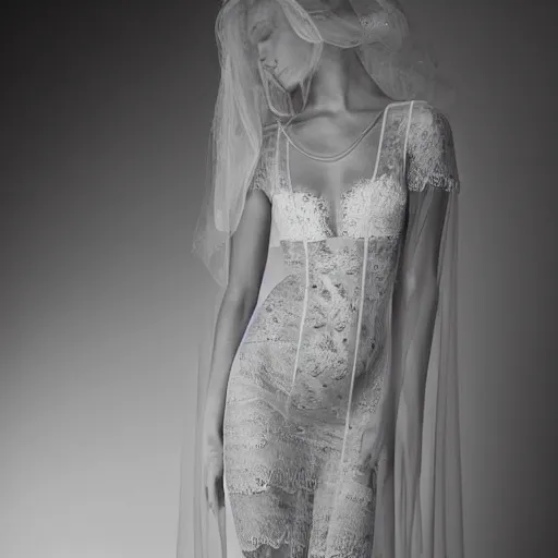 Prompt: sheer dress with plunging neckline and lace sleeves. award-winning fashion photography. intimate and vulnerable lighting. JUST THE DRESS. THERE IS NO HUMAN IN THIS IMAGE. PHOTOGRAPHY OF THE CLOTHES ONLY 130mm bw fashion photography.