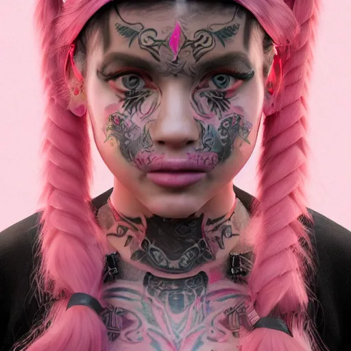 Image similar to An octane 3d render of a girl with pink pigtails, and face tattoos, 8d, HD, hyper detailed, intricate details, photorealistic, dynamic lighting, stunning visuals, creative, trending on art station,