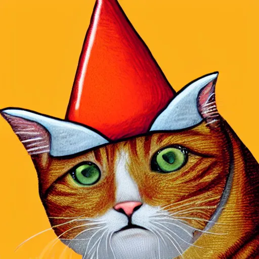 Image similar to orange tabby cat wearing a dunce cap, fantasy illustration