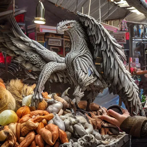 Prompt: buying a griffin at a market in istanbul, hyper detailed, dramatic lighting, cgsociety, realistic, hyper detailed, insane details, intricate, dramatic lighting, hypermaximalist, golden ratio, rule of thirds, octane render, weta digital, micro details, ultra wide angle, artstation trending, 8 k,