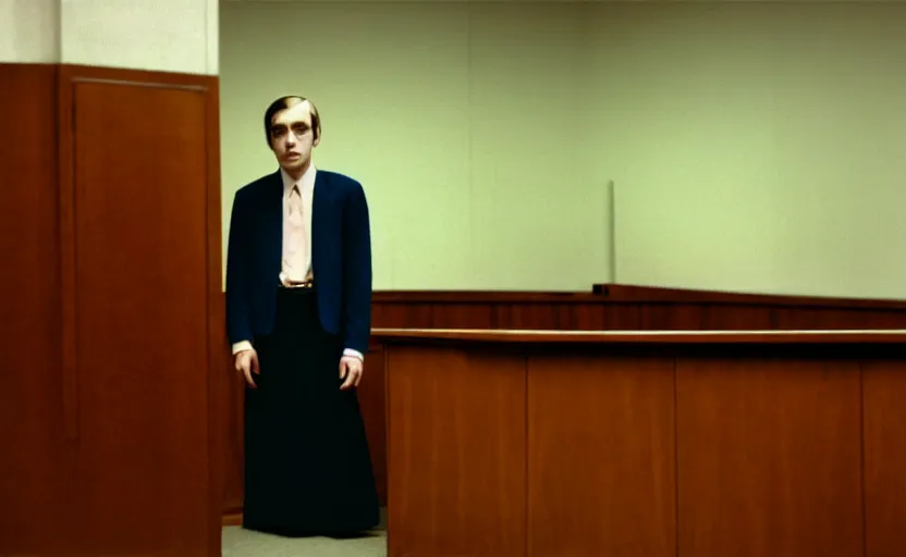 Prompt: a beautiful a man in the skirt in a courtroom, blur, 4 k resolution, ultra detailed by william eggleston