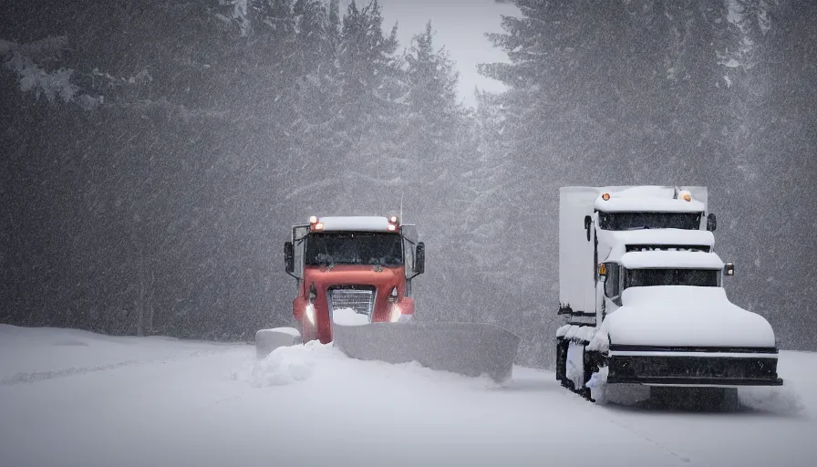 Prompt: snowplow covered by snow in beautiful winter landscape. fog, snowstorm, photorealistic rendering, octane, depth of field, blurry