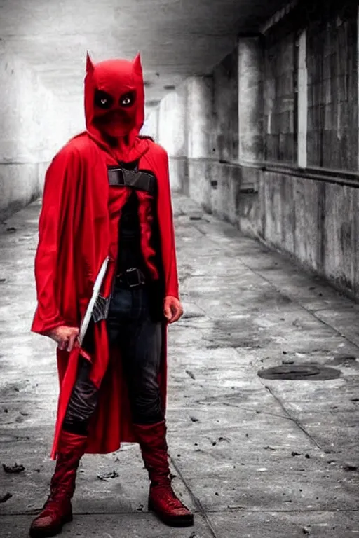 Prompt: red hood cosplay, creepy, disturbing, bloody, darkness, grainy, urban