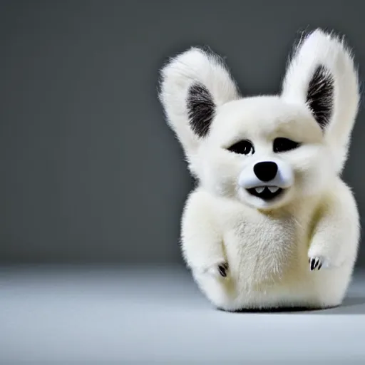 Prompt: a corgi furby, fluffy, cute, uncanny, unsettling, many teeth, soft focus, photographed by david lynch