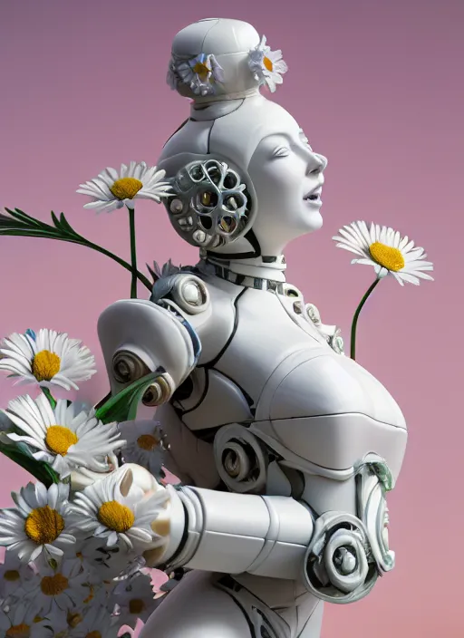 Image similar to biomechanical marble statue carrying a bottle of perfume covered in daisies, up close shot, sharp focus, global illumination, radiant light, alexandre ferra white mecha, irakli nadar, octane highly render, 4 k, ultra hd,