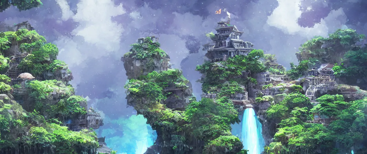 Image similar to a small crumbling island with waterfalls flowing off the island, floating in space, studio ghibli, digital art, detailed, depth of field