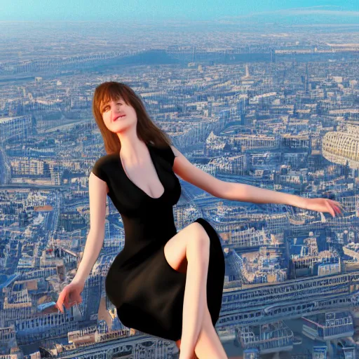 Image similar to A young beautiful giantess wearing a sundress sitting on the Eifel tower, beautiful lighting,digital art , highly detailed , high contrast, beautiful lighting, award winning , trending on art station, 8k, photorealistic,unreal engine 5