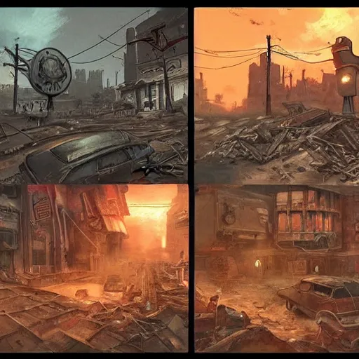 Image similar to fallout 5, concept art drawings of the opening scene, storyboard, concept art, comic style, atmospheric lighting, painted, intricate, volumetric lighting, beautiful, rich deep colours masterpiece, sharp focus, ultra detailed by jack kirby, ignacio fernandez rios, thierry doizon