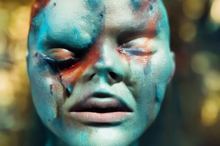 Image similar to VFX movie of a futuristic alien warrior closeup portrait in war zone, beautiful colorful skin and gills natural lighting by Emmanuel Lubezki