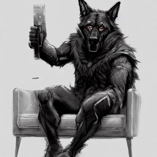 Image similar to a humanoid german shepherd beast - man, sitting on a couch and puts on jeans, artstation, concept art, smooth, sharp foccus ilustration, artstation