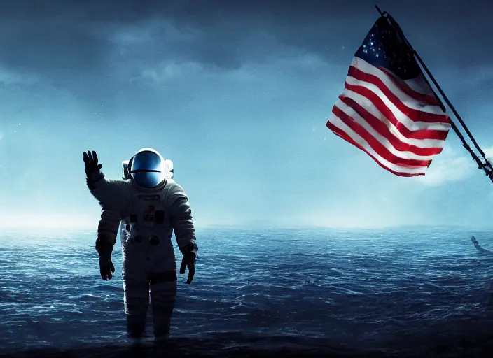 Image similar to astronaut holding a flag in an underwater desert. a submarine is visible in the distance. dark, concept art, cinematic, dramatic, atmospheric, 8 k, trending on artstation, blue, fish, low visibility, fog, ocean floor, christopher nolan, interstellar