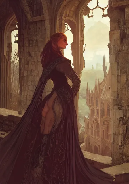 Image similar to sansa stark in ruins of castle, intricate, elegant, highly detailed, digital painting, artstation, concept art, smooth, sharp focus, illustration, art by artgerm and greg rutkowski and alphonse mucha and william - adolphe bouguereau