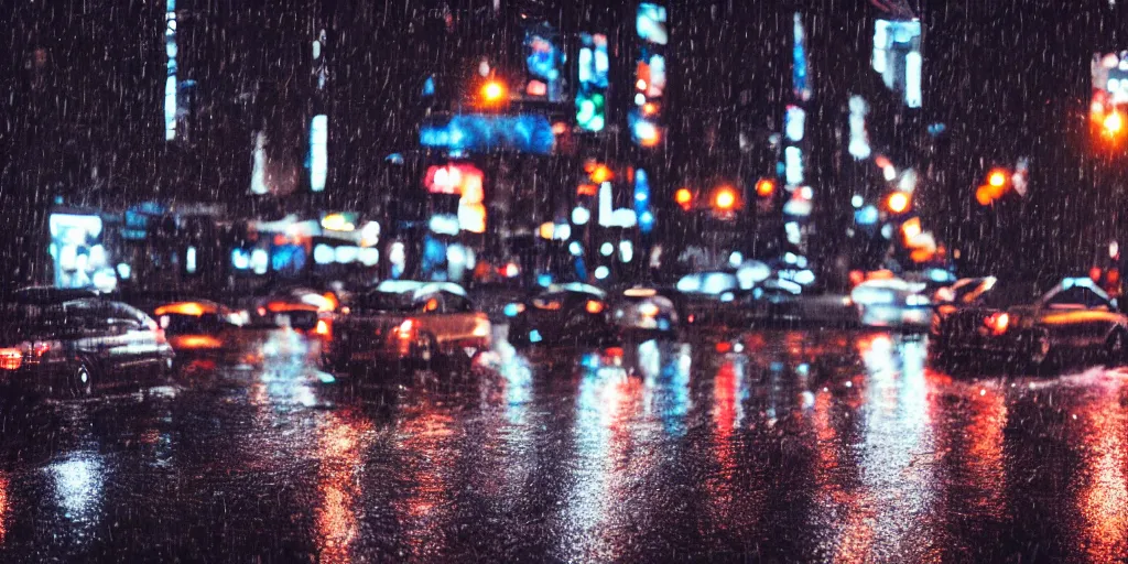 Image similar to a city street at night, raining, photograph, cars on the road, cyberpunk, sharp focus