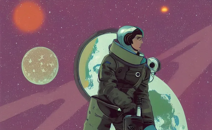 Prompt: a portrait of Alain Delon pilot in spacesuit posing on field forrest spaceship station landing laying lake artillery outer worlds shadows in FANTASTIC PLANET La planète sauvage animation by René Laloux