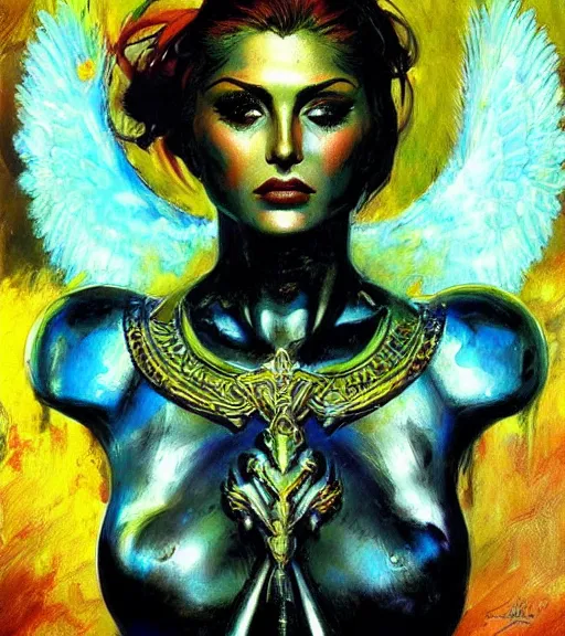 Image similar to portrait of strong iranian female chaos angel, beautiful! coherent! by frank frazetta, by brom, strong line, vivid neon color, shining metal power armor, iron helm, high contrast, maximalist