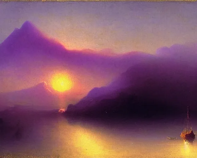 Prompt: clouds that look like mountains, figure with a guitar behind mist, sunrise, purple and blues, art by Ivan Aivazovsky