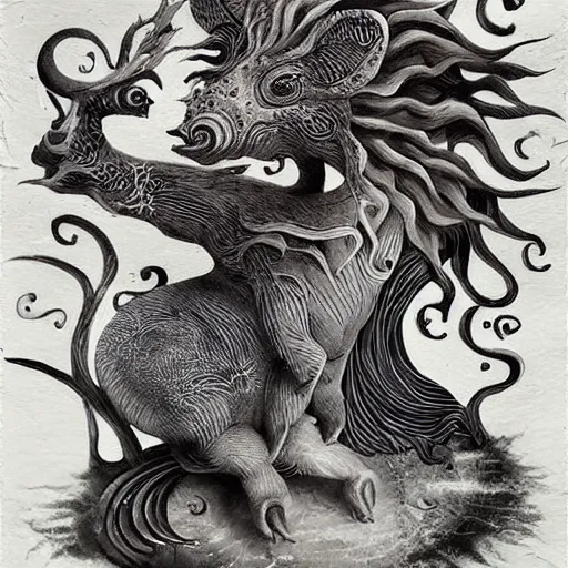 Prompt: strange mythical beasts of whimsy, surreal dark ink wash colllage by Ronny Khalil