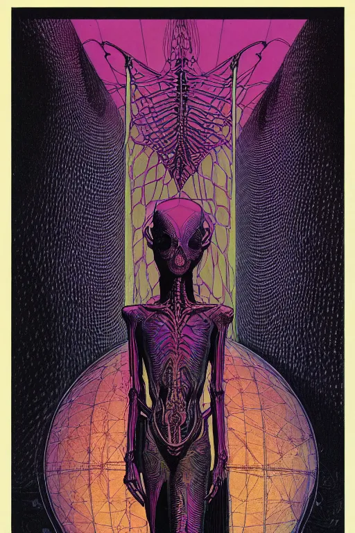 Image similar to portrait of black and psychedelic grainshading print by moebius, richard corben, wayne barlowe, cyberpunk comic cover art, psychedelic triangular skeleton, very intricate, thick outline, full body, symmetrical face, long black crown, in a shapes background, galactic dark colors