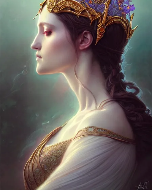 Prompt: beautiful ethereal queen portrait, art nouveau, fantasy, intricate flower designs, elegant, highly detailed, digital painting, artstation, concept art, matte, sharp focus, illustration, art by Artgerm and Greg Rutkowski and WLOP