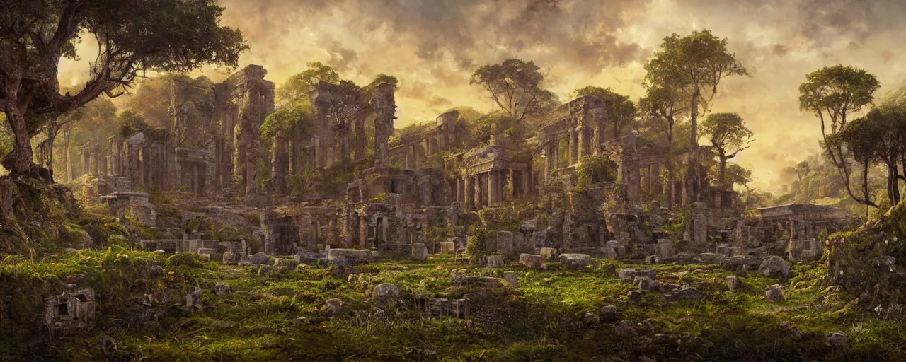 Prompt: ” landscape with overgrown ruins of a roman temple, [ by paul lehr, cinematic, detailed, epic, widescreen, opening, establishing, mattepainting, photorealistic, realistic textures, octane render ] ”