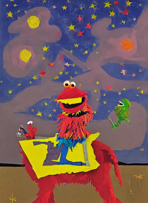 Image similar to expressionistic decollage painting, trash can tarot card fool with sesame street elmo and kermit muppet knight on a horse in a dark red cloudy night sky with golden foil jewish stars, mountain lake and blossoming field in background painted by adrian ghenie, francis bacon, daniel richter and hilma af klint, ultra naive, children painting, 8k, extreme detail, masterpiece