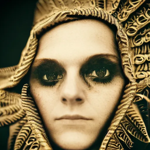 Image similar to an award finning closeup photo by a famous portrait photographer of a beautiful female bohemian cyberpunk techno rock musician aged 2 1 in filigree fractal robes