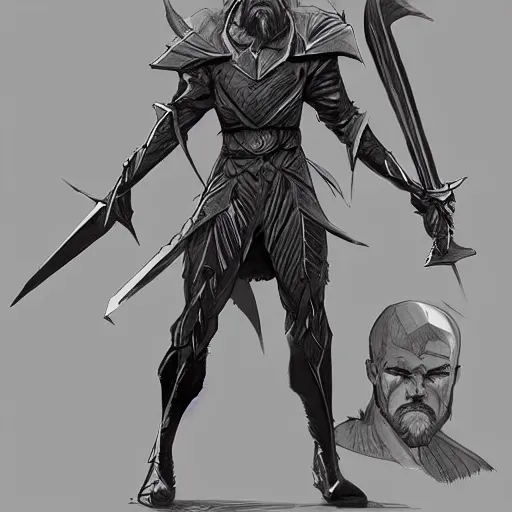 Image similar to concept art character, very high angle view, very attractive man with beard, highly detailed full body, strong masculine features, sturdy body, with a futuristic sword in the right hand, command presence, royalty, smooth, sharp focus, organic, appealing, book cover, deep shadows, by Dave McKean sketch lineart for character design