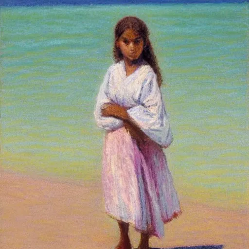 Prompt: by maximilien luce khaki, pastel white composed. the painting of a young girl in a traditional hula outfit. she is standing on a surfboard in front of a beautiful ocean landscape.