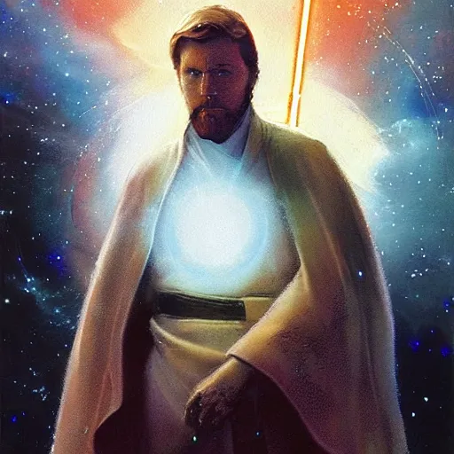Prompt: “ it's an energy field created by all living things. it surrounds us and penetrates us, it binds the galaxy together, obi - wan kenobi by craig mullins ”