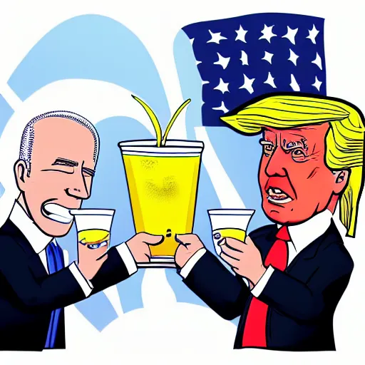 Image similar to cartoon drawing of Biden and Trump together drinking a lemon drink with Rio de Janeiro mountains on the background