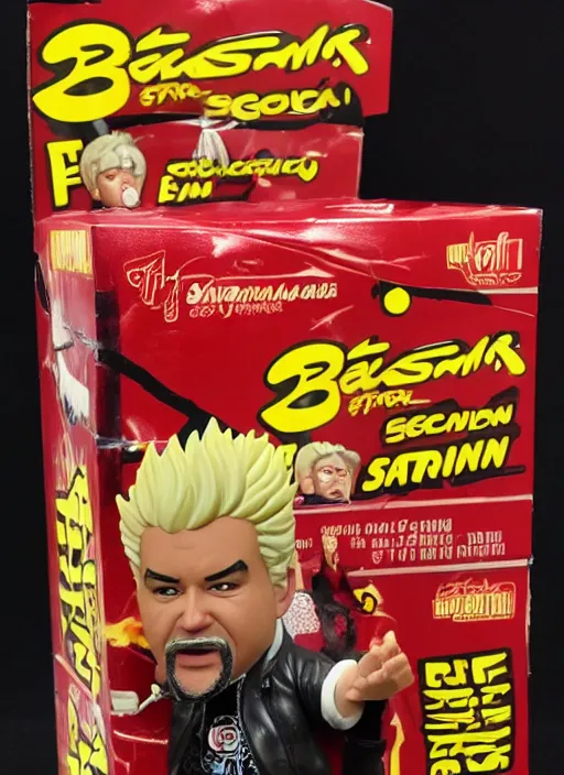 Image similar to black series action figure of guy fieri with barfing action, pristine box, toy still in package, ebay, extremely detailed