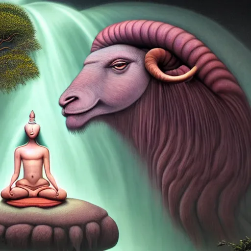 Prompt: an anthromorphic ram meditating in a zen garden with a waterfall under the blood moon, by Adi granov and afarin sajedi and amanda sage and evgeni gordiets and Agostino Arrivabene and adonna khare in a psychedelic portrait style, ultrarealistic matte painting, volumetric lighting, fractal, extremely symmetrical, highly detailed face, orisha, 8k, hd