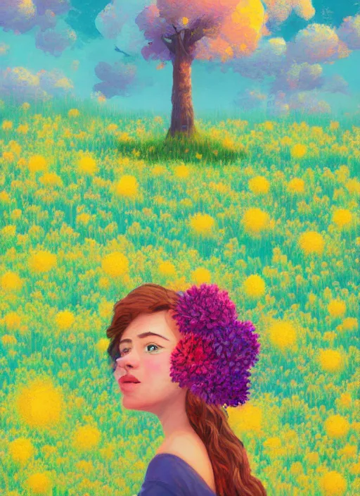 Image similar to girl with flower face, in a field with flowers, hills, big trees, sunrise dramatic light, impressionist painting, colorful clouds, digital painting, pointillism, artstation, simon stalenhag, flower head