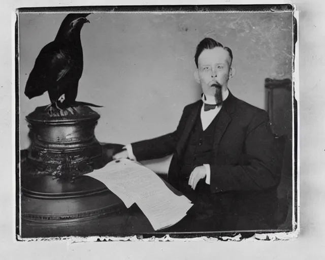 Prompt: early 1 9 0 0 s photo of a man in a suit next to a huge black taxidermied bird, black and white, newspaper clipping