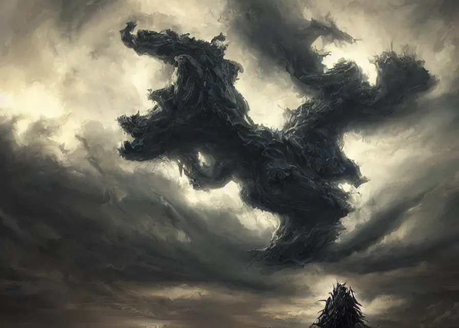 Prompt: large abstract painting of giant Joe Biden grinning evil emperor of the world made out of clouds emerging in dark clouds, cosmic horror, evil, dangerous, trending on ArtStation, masterpiece, by Greg Rutkowski, by Ross Tran, by Fenghua Zhong, octane, lightbeam eyes, soft render, clear facial features, oil on canvas, immense crowd of people, moody lighting, cinematic, professional environment concept art