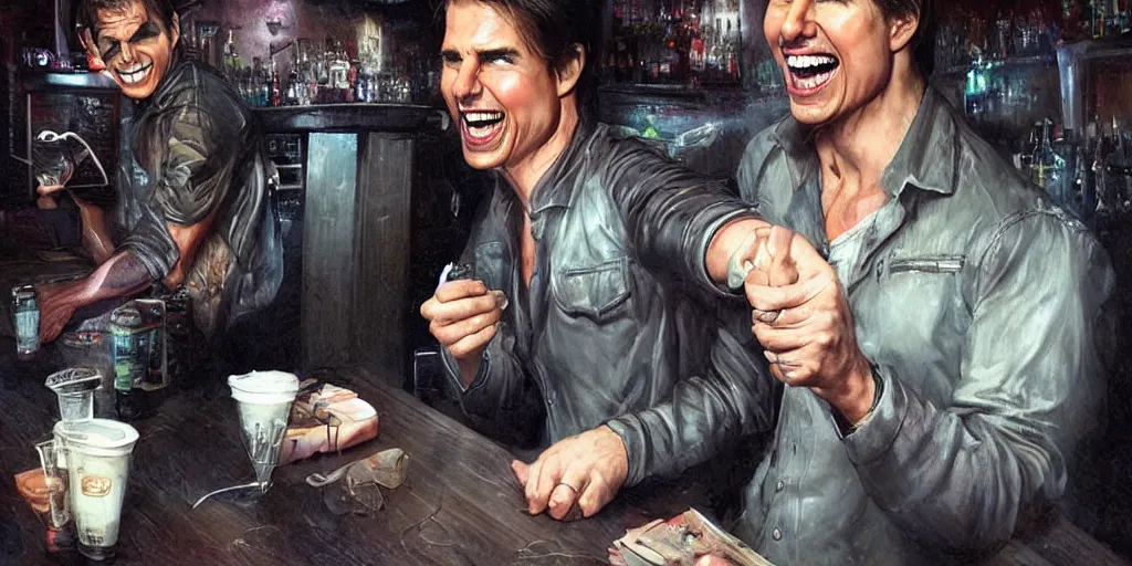 Image similar to hyper realistic tom cruise hanging out with tom cruise at a bar, all overly excited, jaw unhinged with laughter and smiling, all teeth, kinda disturbing but really funny, tom has evil eyes, like super evil looking, by greg rutkowski, scott m fischer, artgerm, loish, slight glow, atmospheric, anne stokes, alexandros pyromallis