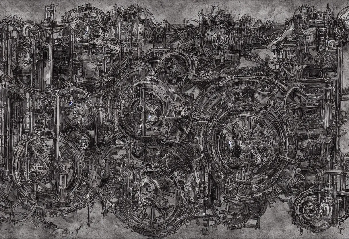 Prompt: blueprint of demonic steampunk machine from necronomicon book written in blood, plenty annotations sumerian language, hyper realism, realistic, dramatic lighting, octane render, highly detailed, cinematic lighting, cinematic, art by leonardo da vinci