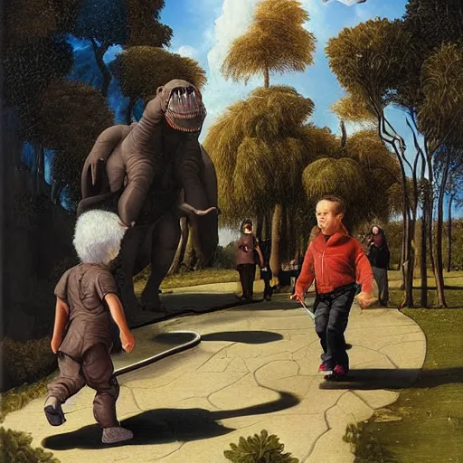 Image similar to dream a kid at the park walking a trex on a leash, renaissance oil painting by George Lucas and Jarosław Jaśnikowski and Dan Mumford, hyperralistic, hyperdetailed