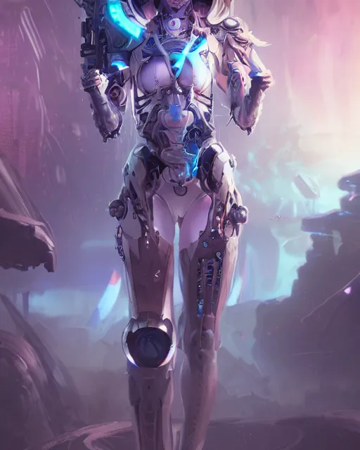 Image similar to holy cyborg necromancer girl, elegant, scifi, futuristic, utopia, garden, illustration, atmosphere, top lighting, blue eyes, white hair, focused, artstation, highly detailed, art by yuhong ding and chengwei pan and serafleur and ina wong