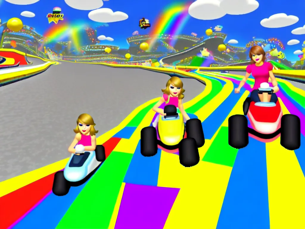 Image similar to taylor swift on rainbow road mario kart wii map retro