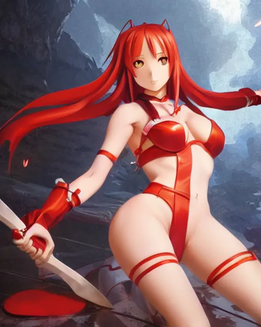 Prompt: pinup photo of asuna from sao in flame dungeon, asuna by a - 1 pictures, by greg rutkowski, gil elvgren, enoch bolles, glossy skin, pearlescent, anime, very coherent, maxim magazine, 3 d, vray, unreal 5, octave rendey, maya