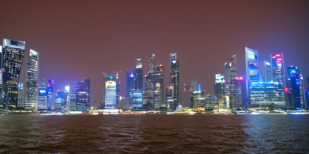 Image similar to futuristic singapour view at night from the sea