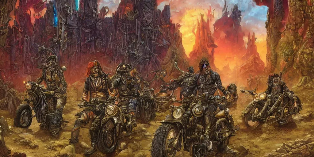 Image similar to psychedelic post apocalyptic orcish biker gang, scifi city ruins, sharp focus, psychedelic colors, boris vallejo, michael whelan