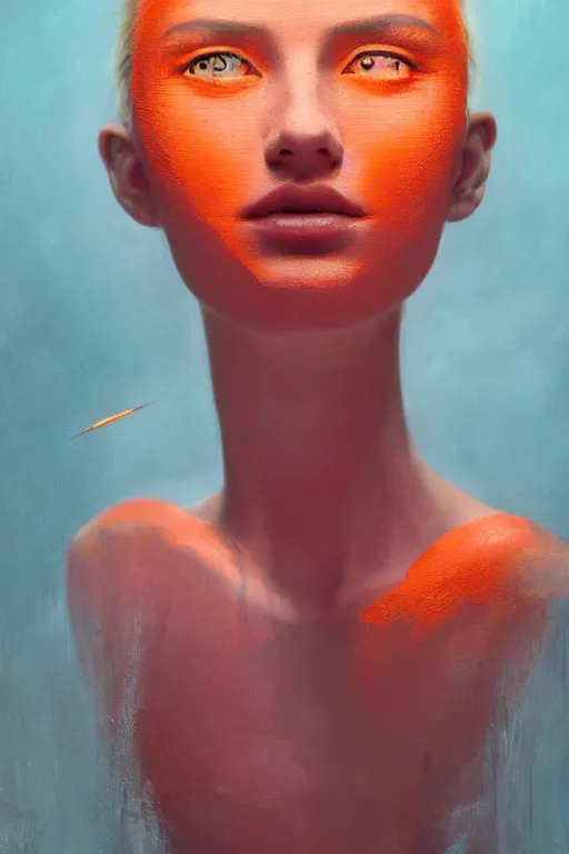 Image similar to 3 d, sci - fi, morning, fashion model face, sun, cinematic, face 3 / 4, lightning, clouds, vogue cover style, stanley kubrick, light red and orange mood, realistic painting, intricate oil painting, high detail, figurative art, multiple exposure, poster art, 3 d, by tooth wu and wlop and beeple and greg rutkowski