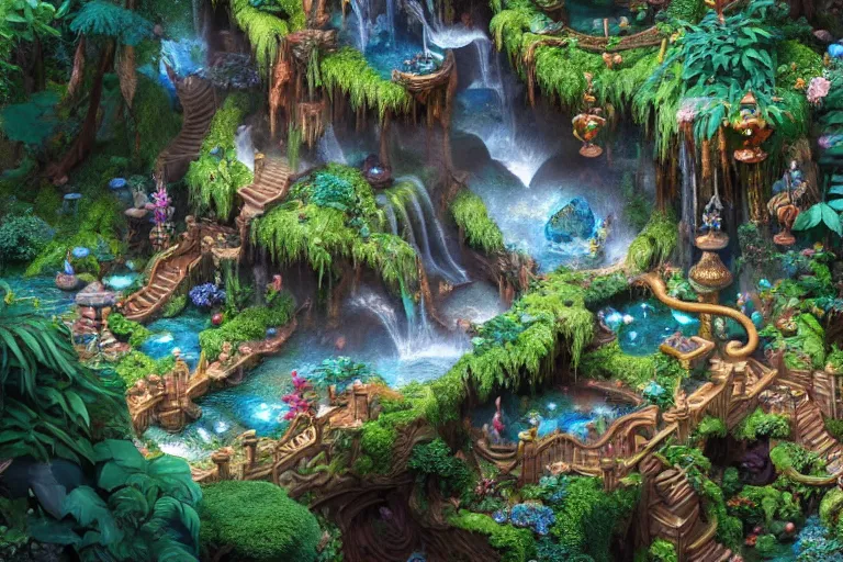 Image similar to isometric view of a fantastical garden with waterfalls and giant trees, by Andrei Riabovitchev, Shaun Tan, Peter Mohrbacher and Takayuki Takeya, ancient ornate intricate, cinematic, realistic, intricate detail, finely detailed, small details, extra detail, photorealistic, high resolution, 3D, PBR, path tracing, volumetric lighting, octane render, arnold render, 8k