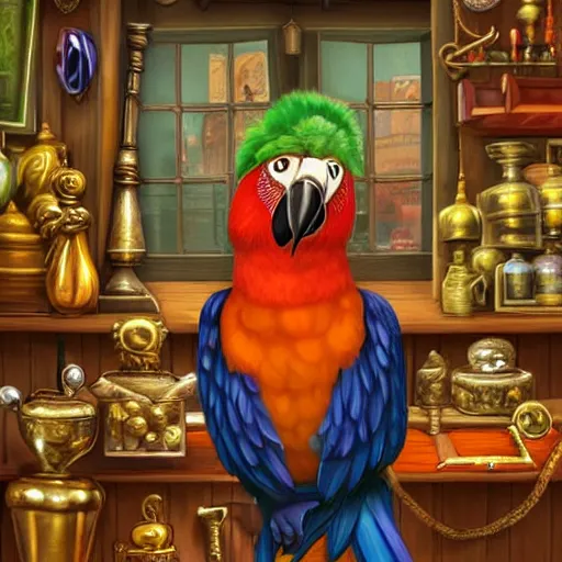 Image similar to Anthropomorphized parrot trader in his shop, selling his wares, portrait, items, gold, magic potions, carpet, window, sly expression , cunning expression, cute expression, long thick shiny black beak, presenting wares, holding a gold bag, D&D, fantasy, cinematic lighting, highly detailed, digital painting, artstation, concept art, smooth, sharp focus, illustration, warm light, cozy warm tint, magic the gathering artwork, volumetric lighting, 8k, art by Akihiko Yoshida, Greg Rutkowski