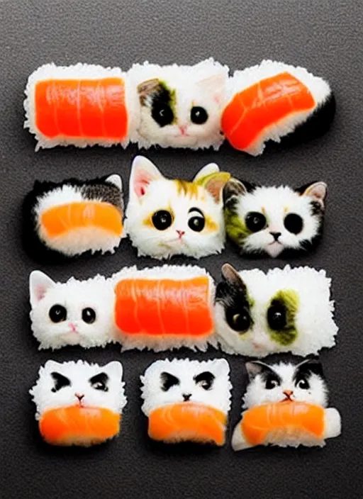 Image similar to clear photorealistic picture of adorable cats made out of sushi